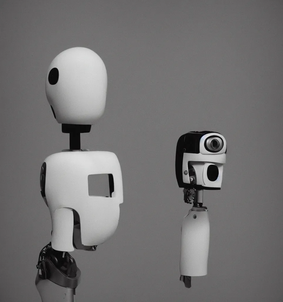 Image similar to studio portrait photo of a minimalist robot head, designed by Douglas Coupland, 50mm, pentax, film