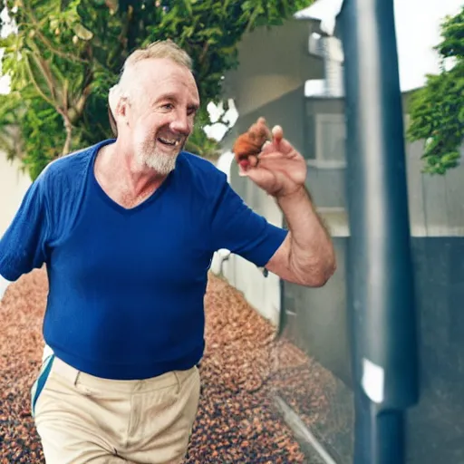 Prompt: a 6 0 - year - old irish / english man with short brown hair and wearing shorts and a dark blue t - shirt, dancing animatedly like a chicken in the kitchen