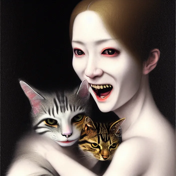 Prompt: renaissance portrait of the secretive vampire girl loner smiling at her cat, by yoshitaka amano, casey baugh, steve caldwell, gottfried helnwein, yasunari ikenaga, nico tanigawa, and artgerm rendered with 3 d effect.