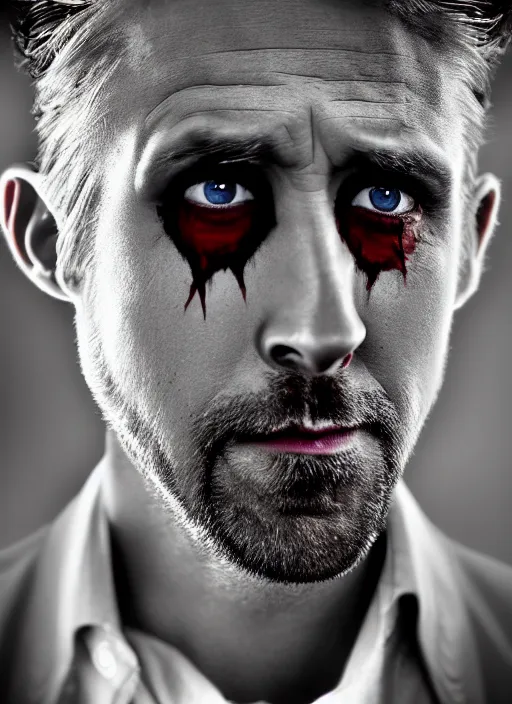 Image similar to photo of Ryan Gosling as the Joker by Lee Jeffries, evil smile, head shot, detailed, award winning, trending on arstation, Sony a7R