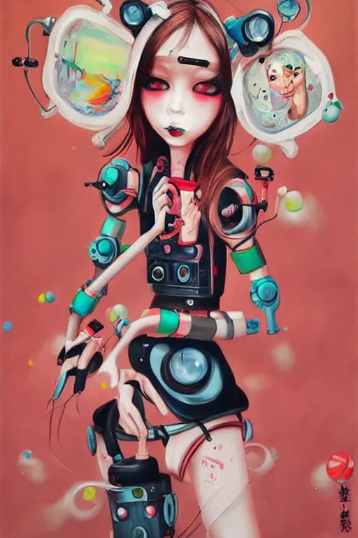 Image similar to pop surrealism, lowbrow cute girl painting, hyper realism, robotic girl, japanese street fashion