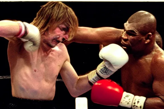 Prompt: kurt cobain fighting mike tyson in a boxing match