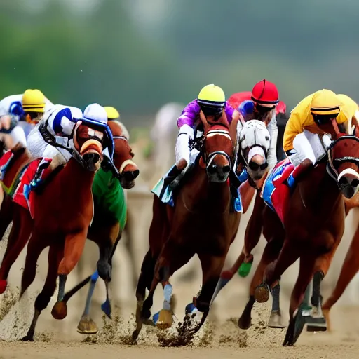 Prompt: racehorse cheating in the kentucky derby by attaching rocket boosters to its sides, speed, motion