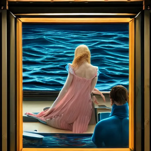 Image similar to silhouette of Elle Fanning on a boat at sea, stormy weather, extremely detailed realist masterpiece, oil on canvas, low-key neon lighting, artstation, Blade Runner 2049, Roger Deakin’s cinematography, by J. C. Leyendecker and Peter Paul Rubens,