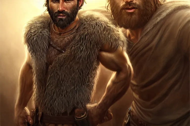 Image similar to photorealistic full body portrait of a gruff biblical ranger with a wolf, lean and toned, handsome face, hairy chest and hairy body, D&D, intricate, elegant, highly detailed, digital painting, artstation, concept art, matte, sharp focus, chiaroscuro, well lit, illustration, art by Artgerm and Greg Rutkowski and Alphonse Mucha