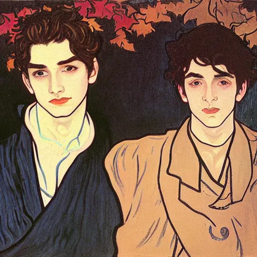 Image similar to painting of young cute handsome beautiful dark medium wavy hair man in his 2 0 s named shadow taehyung and cute handsome beautiful min - jun together at the halloween witchcraft party with bubbling cauldron, melancholy, autumn colors, elegant, painting, stylized, gorgeous eyes, soft facial features, delicate facial features, art by alphonse mucha, vincent van gogh, egon schiele