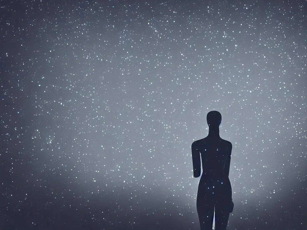 Prompt: mannequin made of starlight, staring into the infinite void, stars, galaxy, traffic lights, flaming city, lightnight, night time, streetlights, city, cinematic, introspective, photorealistic, volumetric lighting, octane render, clean linework, moody