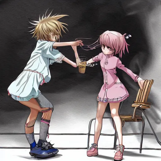 Prompt: anime girl fight with chair, concept art, story, fine details