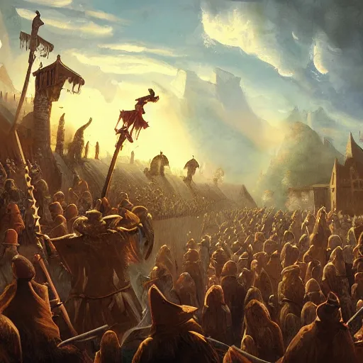 Prompt: a crowd of medieval people with Pitchforks and torches standing on clouds, higly detailed, ambient lighting, mystic, rpg artwork