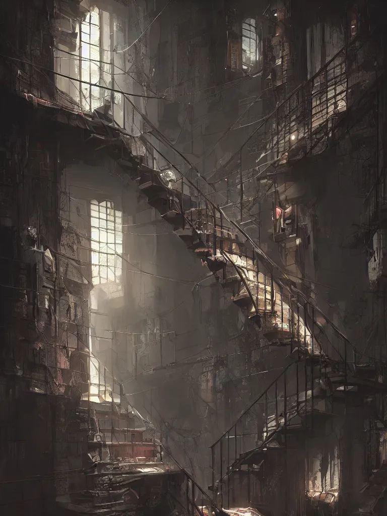 Image similar to a cellar staircase, cyberpunk style, digital painting, concept art, smooth, sharp focus, hyperrealistic, illustration, artstation trending, octane render, unreal engine, ambient light, dynamic lighting, magical, dark vibes, Cyberpunk 2077