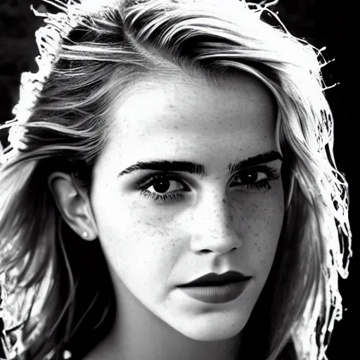 Prompt: black and white vogue closeup portrait by herb ritts of a beautiful female model, emma watson, high contrast