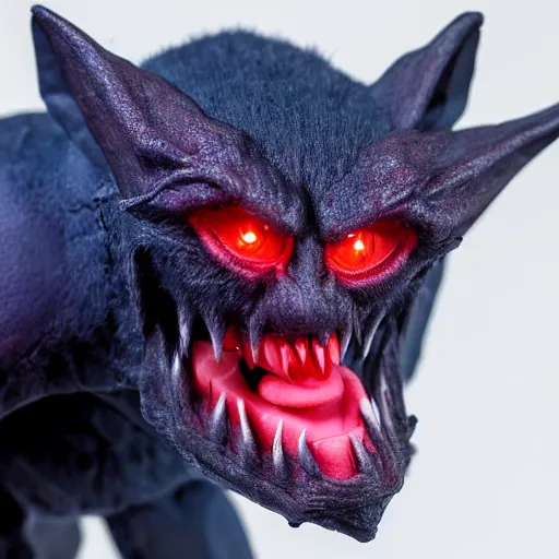 Prompt: detailed full body of scary giant mutant dark blue humanoid pygmy-bat, glowing red eyes, sharp teeth, acid leaking from mouth, realistic, giant, bat ears, bat nose, furred, covered in soft fur, detailed, 85mm f/1.4