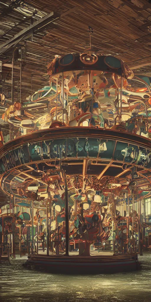 Image similar to a wideangle colorchrome shot of robot children in a detailed merry-go-round inside a old industrial flooded car factory, beautiful cinematic atmospheric lightning, octane 8k render