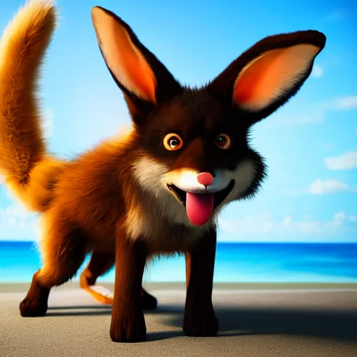 Image similar to a photorealistic adorable fierce furry monster with long floppy rabbit ears chubby body and wolf legs with stubby claws, Smiling at the camera with a mischievous grin, happy lighting, at a tropical beach
