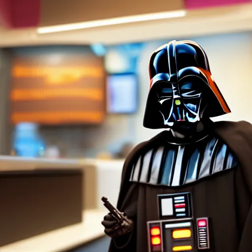 Image similar to darth vador working at dunkin donuts , 8k cinematic lighting, very sharp detail, anatomically correct