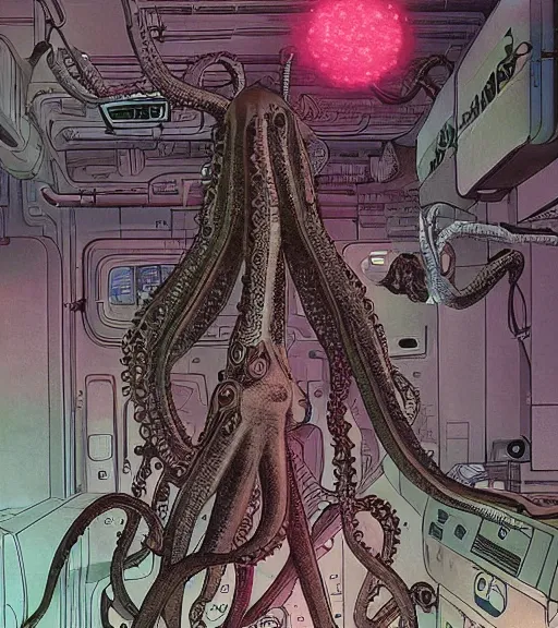 Image similar to a cybernetic realistic octopus in a space station, techwear, Industrial Scifi, detailed illustration, character portrait, by Martin Grip Banksy and Moebius