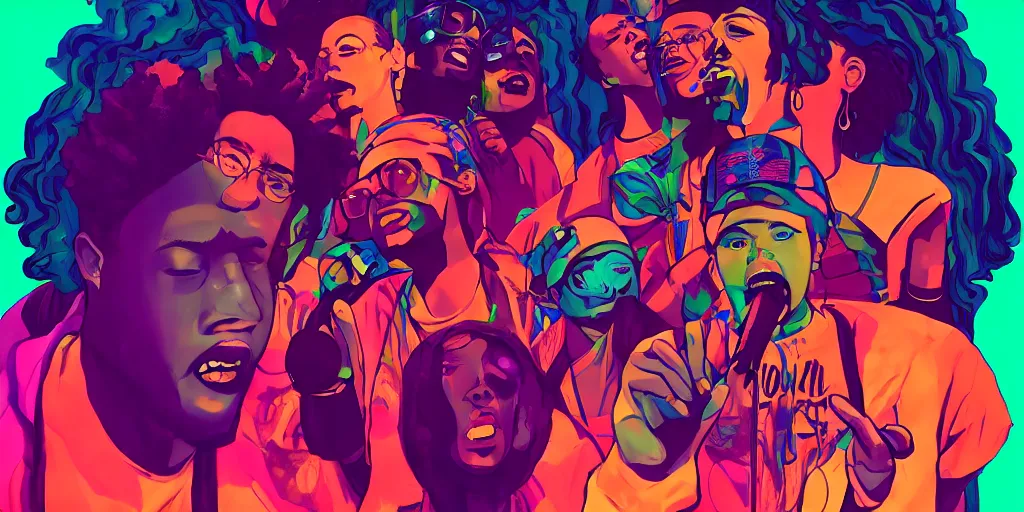 Image similar to multiracial friends rapping with microphone in living room, epic poses, distinct figures, digital art, vaporwave light show, psychedelic, diverse representation, surreal, hip hop, trending on Artstation, professional artist, detailed, 4k