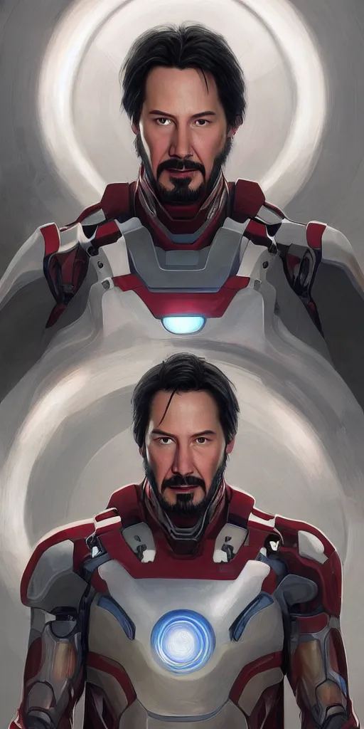 Prompt: Portrait of Keanu Reeves in the Ironman suit, elegant, digital painting, highly detailed, fantasy, artstation, concept art, smooth, sharp focus, illustration, art by artgerm and greg rutkowski and alphonse mucha