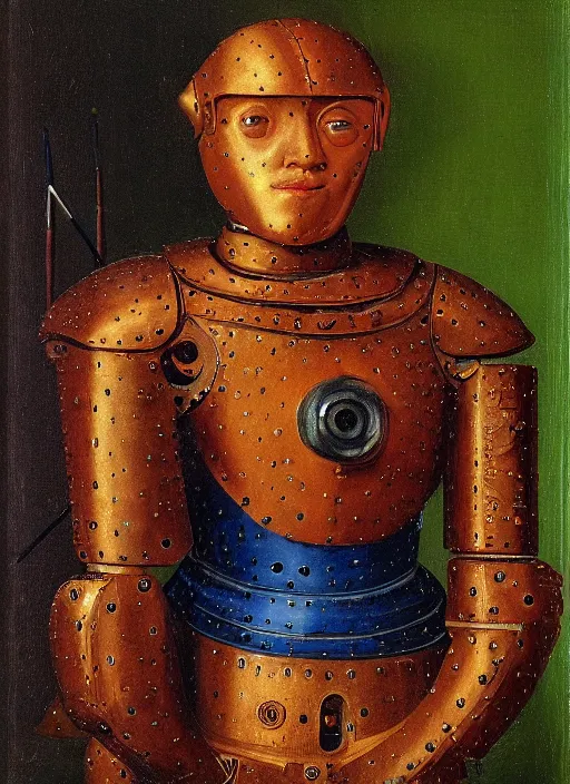 Image similar to a portrait of a warrior robot by Jan van Eyck