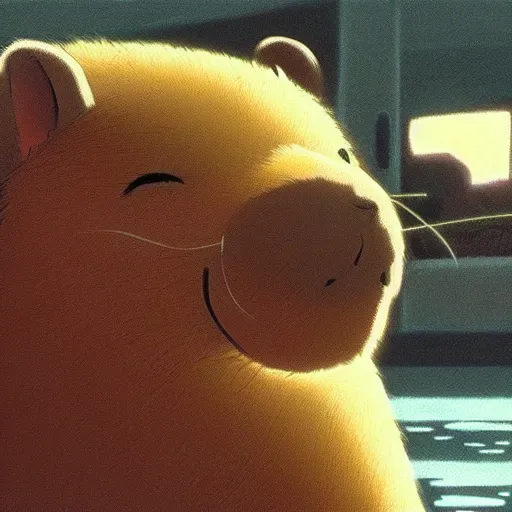 Prompt: capybara scene from the movie spirited away by hayao miyazaki, studio ghibli, animated movie, anime, beautiful animation, illustration