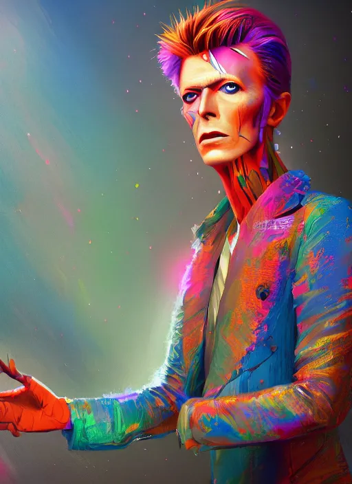 Image similar to detailed full body concept art illustration colorful pastel painting of a david bowie on the ocean in full intricate clothing, ultra detailed, digital art, octane render, 4K, dystopian, micro details