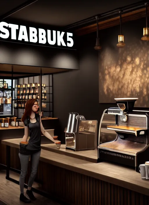 Image similar to hyperrealism, detailed textures, photorealistic 3 d render, a starbucks cafe interior from the view of the barista, ultra realistic, ultra high pixel detail, cinematic, intricate, cinematic light, concept art, illustration, art station, unreal engine 8 k
