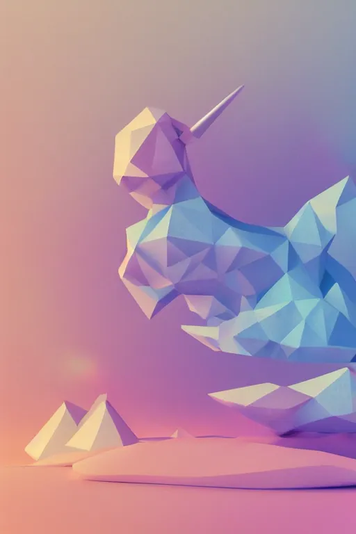 Prompt: geometric 3 d render, soft bright pastel, unicorn in the middle, mountains surrounding, rule of thirds