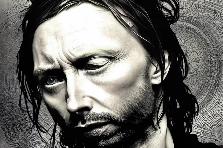 Image similar to hyper realistic portrait of thom yorke singer songwriter, side, liminal space, by lee bermejo, alphonse mucha and greg rutkowski