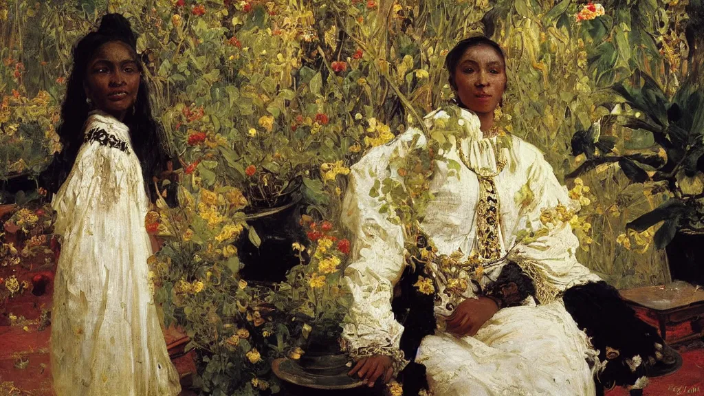 Image similar to high quality high detail painting by ilya repin, black woman in a white room with many plants, intricate costume design, orientalist, partially gold, ornate, elite, luxury, hd