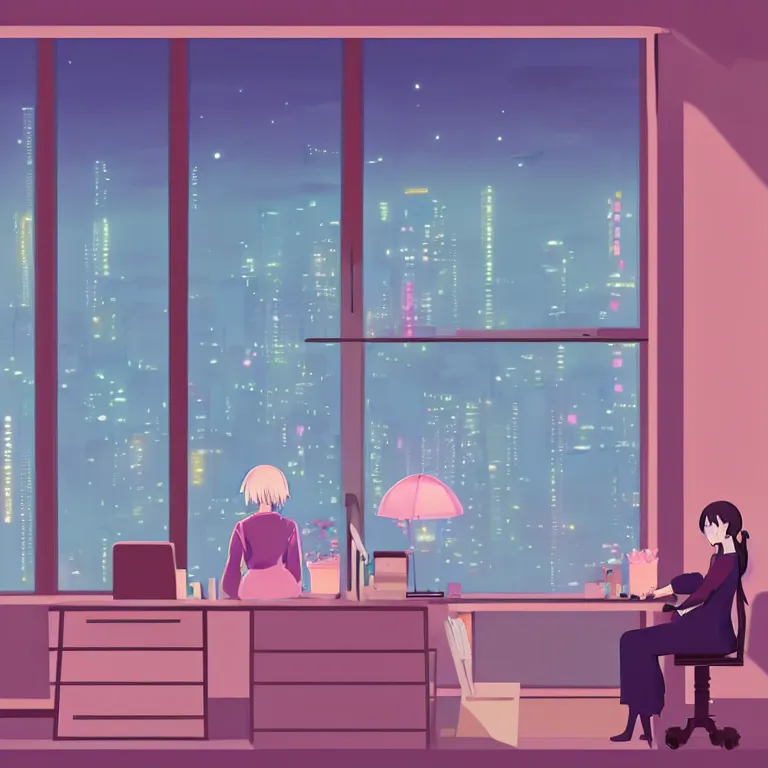 Image similar to beautiful illustration at night of a lonely female in her studio apartment sitting at her computer desk which is in front of a window which looks out to a futuristic city, japan, anime manga style, neon pastel, in the style of ghibli and hayao miyazaki and satoshi kon and shinichiro watanabe and makoto shinkai