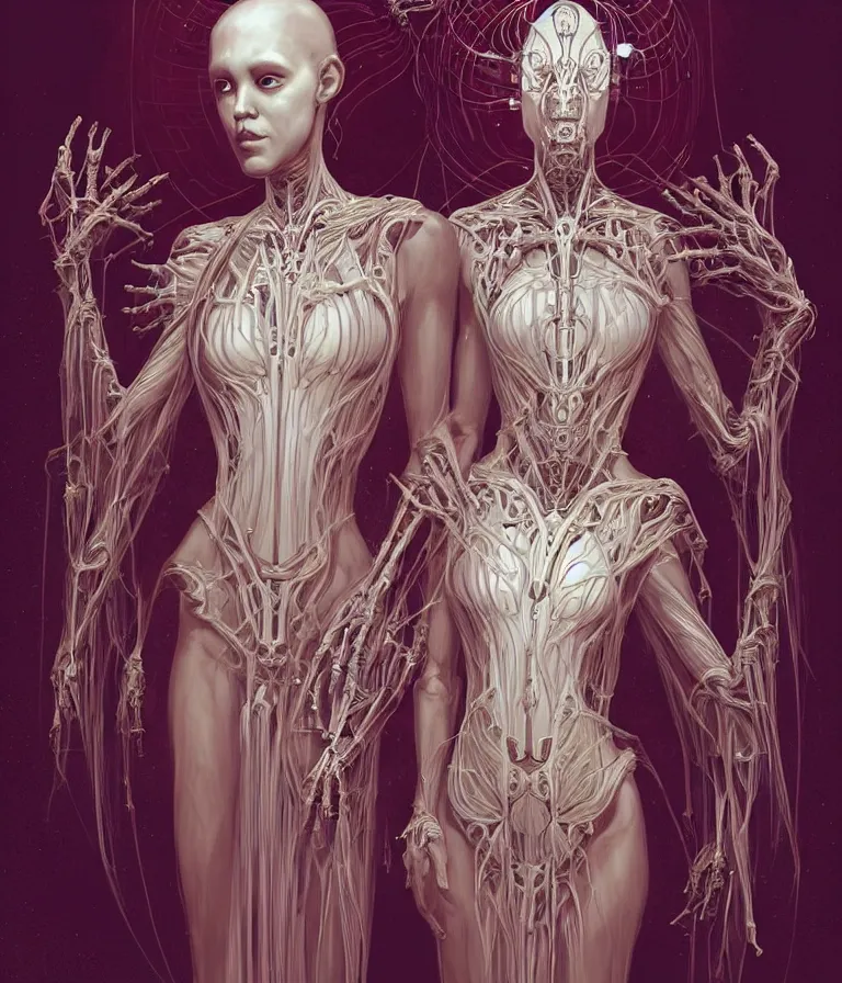 Image similar to fully symmetrical centered portrait of a beautiful princess in robe. artificial muscles, ribcage, bones, hard surface modelling. cyberpunk look. biomechanical mask. bio luminescent biomechanical halo around head. jellyfish. artwork by jarold Sng by artgerm, by Eddie Mendoza, by Peter mohrbacher by tooth wu by alfons mucha, unreal engine, octane render, cinematic light, iridescent details, iridescent colors, dichroic, macro, depth of field, blur