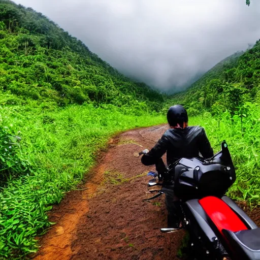 Image similar to potato riding a motorcycle through the jungle off - road low angle with rain and lightning