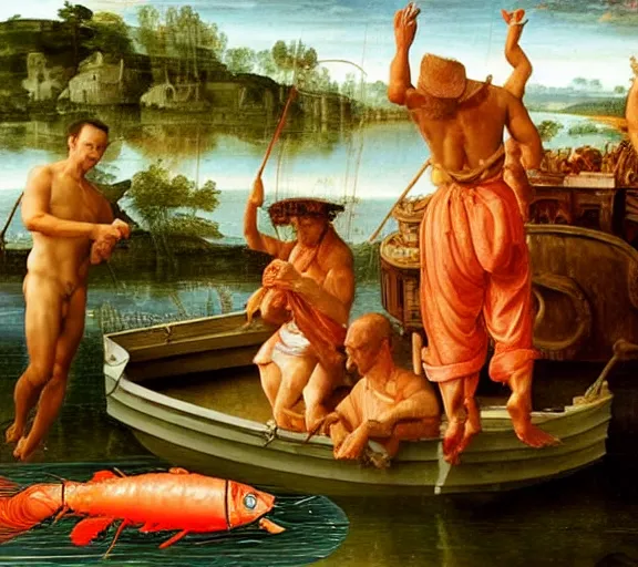 Image similar to Tom hanks as forrest fishing for shrimp in a giant shrimp boat, majestic beautiful world, renaissance painting, amazing detail