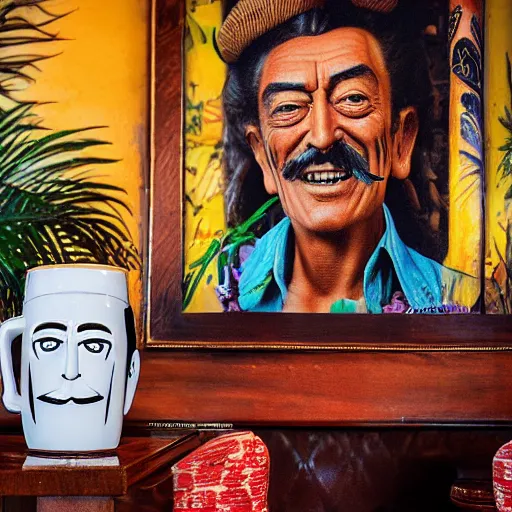 Image similar to a closeup photorealistic photograph of smiling salvador dali at trader vic's bar sitting next to a trader vic's style tiki mug featuring the face of salvador dali. tiki culture. bright scene. 4 k hd image that's trending on artstation, featured on behance, well rendered, extra crisp, features epic composition and the style of unreal engine.