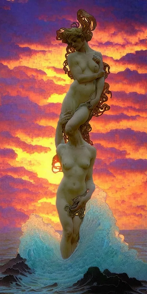 Image similar to ocean wave around ancient angel statue, lsd water, dmt ripples, backlit, sunset, refracted lighting, art by collier, albert aublet, krenz cushart, artem demura, alphonse mucha