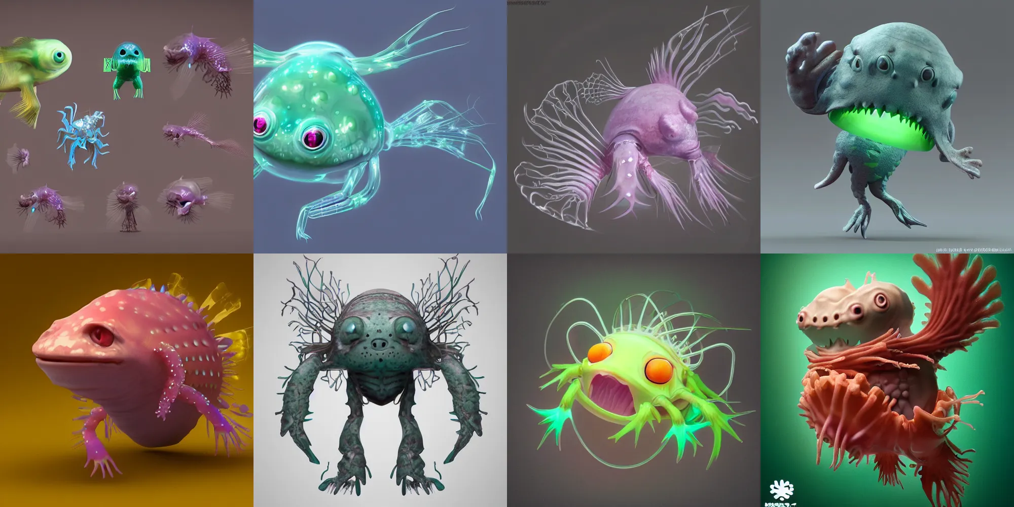 Image similar to cute! biomechanical axolotl, ghost shrimp, Barreleye fish, translucent SSS xray, Barreleye, rimlight, jelly fish dancing, fighting, bioluminescent screaming pictoplasma characterdesign toydesign toy monster creature, zbrush, octane, hardsurface modelling, artstation, cg society, by greg rutkowksi, by Eddie Mendoza, by Peter mohrbacher, by tooth wu, 8k