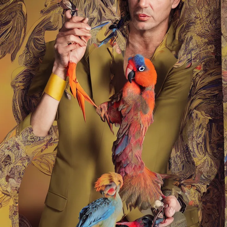 Image similar to high fashion photoshoot octane render portrait by wayne barlow and carlo crivelli and glenn fabry, a distinguished actor wearing a colorful wes anderson designed uniform and holding a parrot inside a high - end exotic colorful pastel vintage boutique hotel lounge, very short depth of field, bokeh