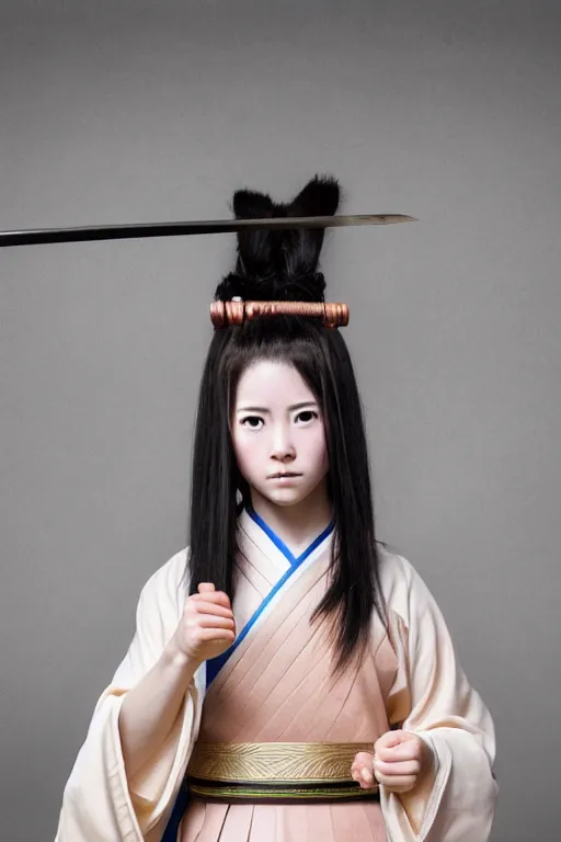 Image similar to highly detailed beautiful photo of a young female samurai, practising sword stances, symmetrical face, beautiful eyes, realistic anime art style, 8 k, award winning photo, pastels, action photography, 1 / 1 2 5 shutter speed, dramatic lighting