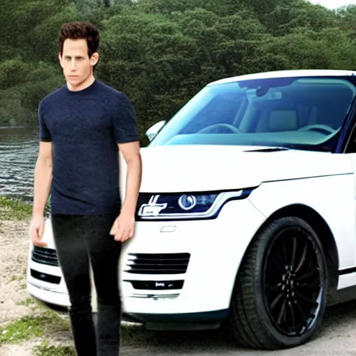 Prompt: dennis reynolds a. k. a. the golden god, standing next to his range rover near a body of water, cinematic style