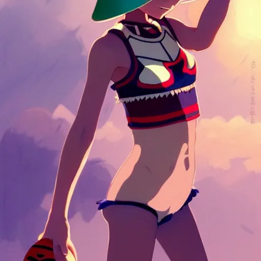 Image similar to beautiful boyish natalie portman gravure model in majora's mask, wearing wooden mask and baseball cap and leotard, street wear with subtle mayan patterns, aztec bathing suit, gapmoe yandere grimdark, trending on pixiv fanbox, painted by greg rutkowski makoto shinkai takashi takeuchi studio ghibli, akihiko yoshida