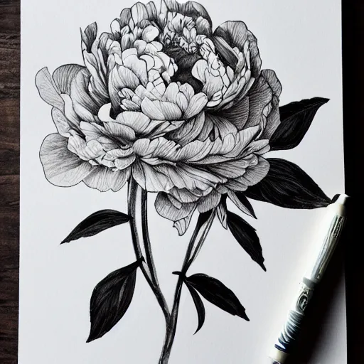 Prompt: peony, aesthetic, botanical art, boho, black ink on white paper