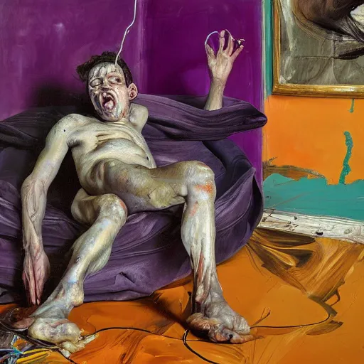 Image similar to high quality high detail painting of a man in agony by lucian freud and jenny saville and francis bacon and malcom liepke and nicola samori, hd, anxiety, seated with friend in a living room crying and screaming, turquoise and purple and orange and pink, dark atmosphere