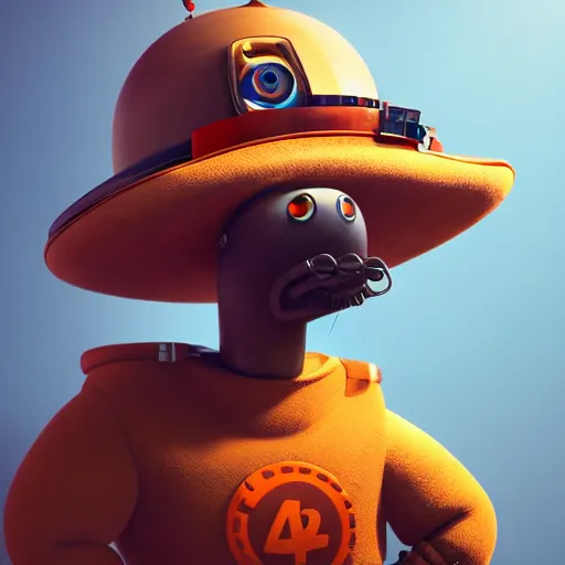 Image similar to full body portrait of a round robot with a moustache wearing hat, painting a canvas, big head, high detail, beautiful light, depth of field, sharp focus, clean design, 4 k, pixar, colorful, octane render