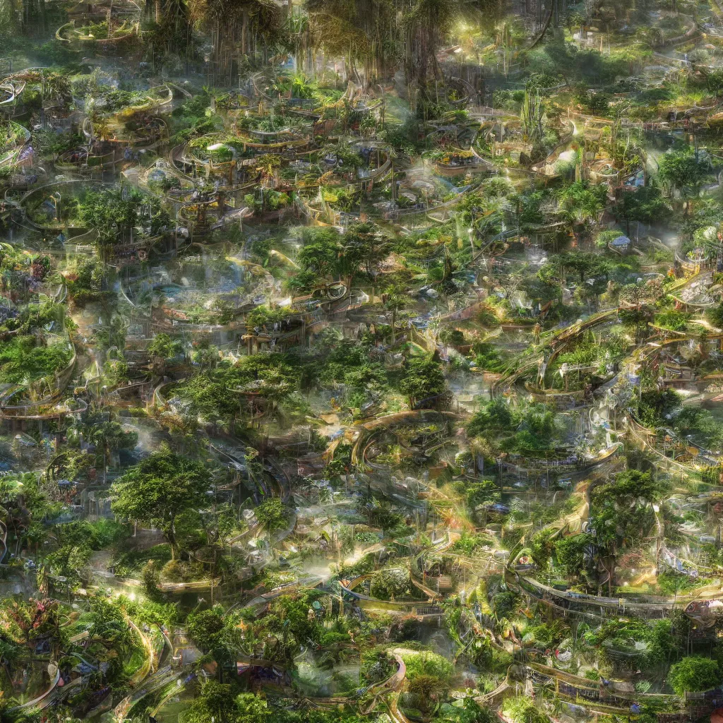 Image similar to solarpunk eco - city utopia, enchanted world, ancient nile winding river valley deep valley taken from 3 0 metres high, otherworldly, botanical garden, waterscape, overgrowing floral lush, glistening in the morning light, 8 k, cinematic shot, weta workshop, hyper realistic, cinematography by john boorman