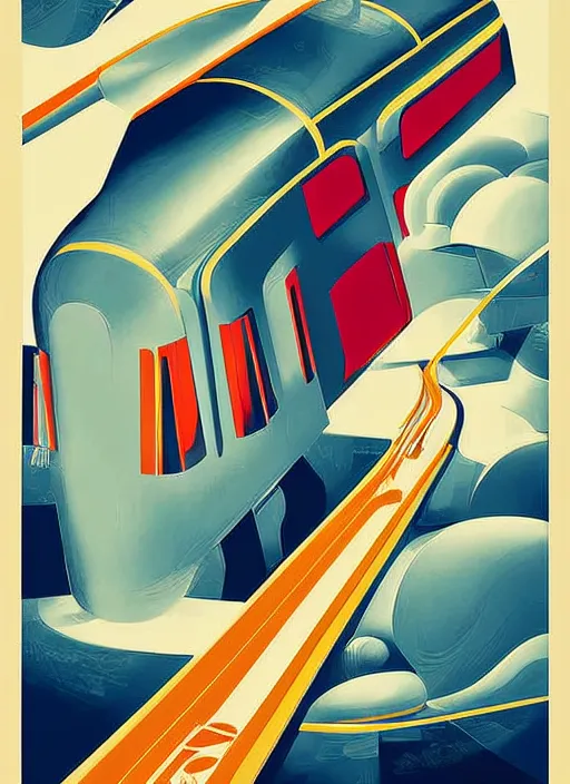 Image similar to retro futuristic print poster design, digital art, of an Art Deco train designed and illustrated by Larent Durieux