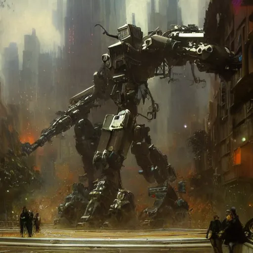 Image similar to six meters tall mech fighting in an urban environment, epic action scene, ultra realistic illustration by gaston bussiere craig mullins jc leyendecker gustav klimt artgerm greg rutkowski john berkey, bergey, craig mullins, ruan jia, raymond swanland, jeremy mann, tom lovell, alex malveda, ray casting, hdr