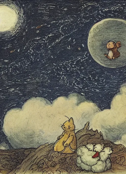 Image similar to night sky, stars, moon prominently in the center, surrounded by clouds, landscape, illustrated by peggy fortnum and beatrix potter and sir john tenniel