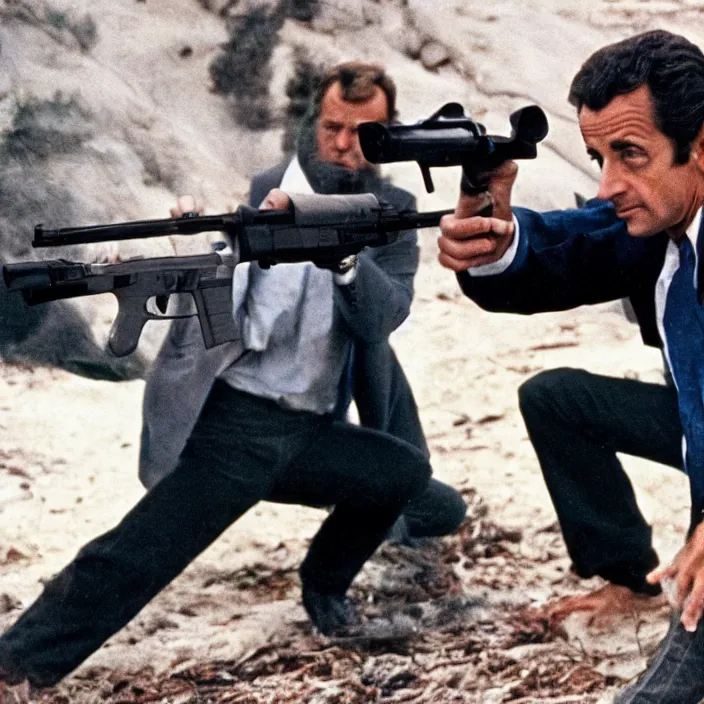 Image similar to very detailed 70s movie still of Nicolas Sarkozy shooting glock, dirty bloody clothes, cinestill 800t 10mm 4k, grainy picture