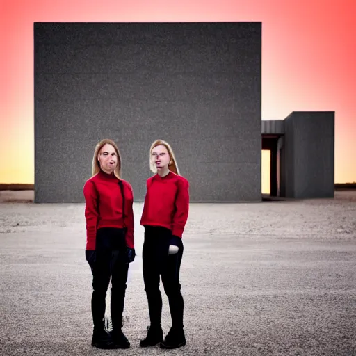 Prompt: photographic portrait of 2 clones in front of a brutalist metal building, 2 techwear women, on a desolate plain, red sky, sigma 8 5 mm f / 1. 4, 4 k, depth of field, high resolution, 4 k, 8 k, hd, full color