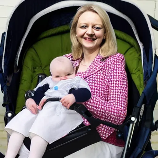 Prompt: hyperrealistic photography of elizabeth truss, conservative MP, in a baby carriage